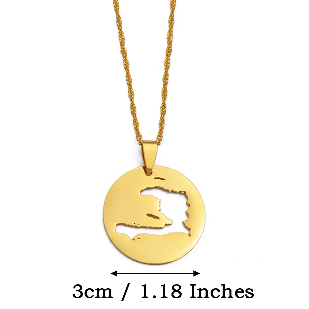 ✨🇭🇹 Collier Chaîne en Acier Inoxydable – Pendentif Rond Carte d’Haïti – 3 Tailles au Choix