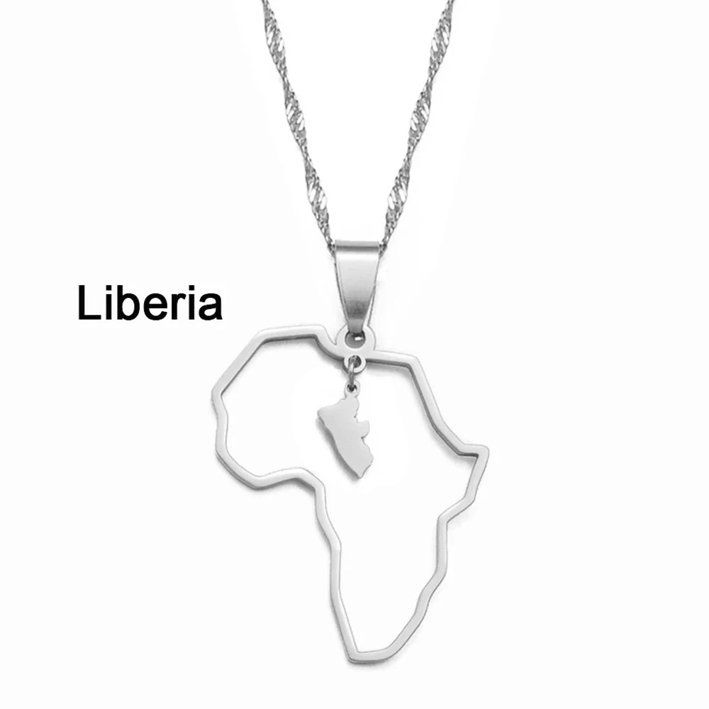 ✨🌍 Collier Chaîne en Acier Inoxydable – Pendentif Carte d’Afrique avec Pays Ghana,Nigeria,Congo,Zimbabwe,Liberia,Kenya,Angola,Jamaique,Ethiopie