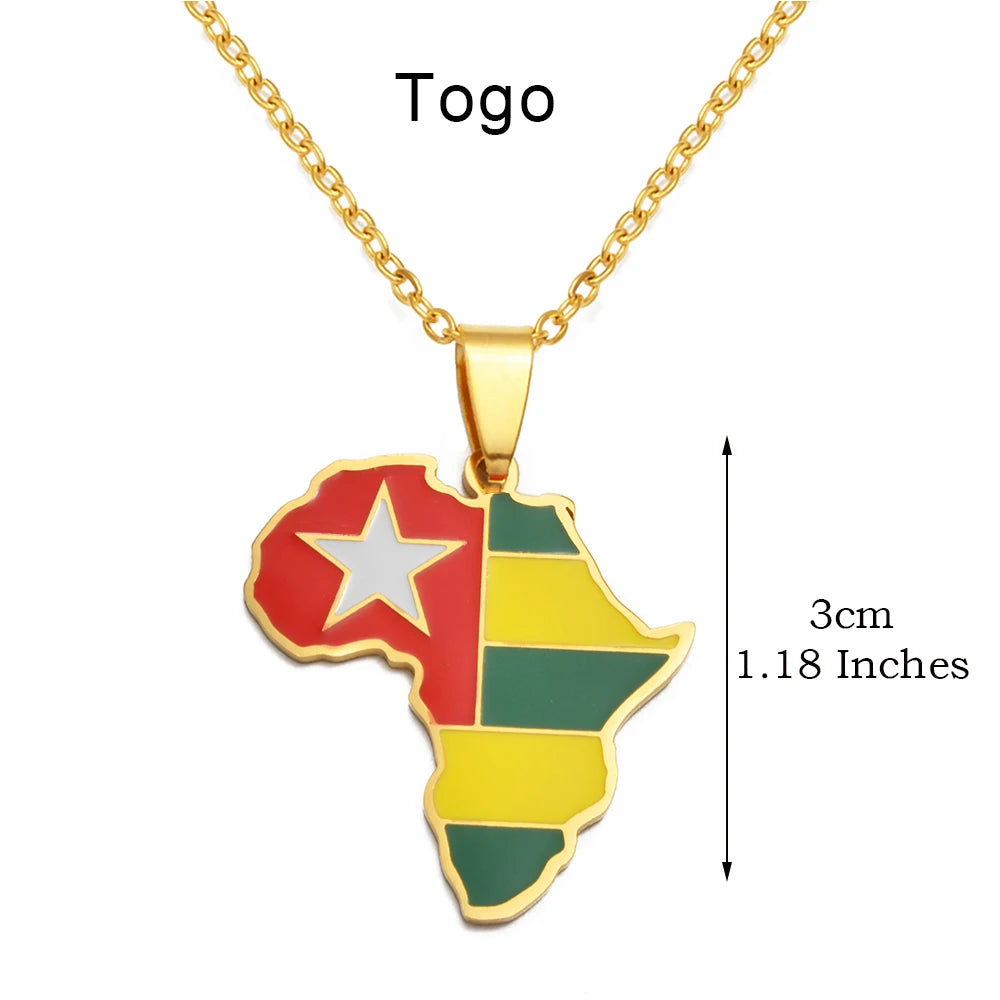 🌍 2. Collier + pendentif carte de l’Afrique au couleurs des drapeaux des pays Africains en Acier Inoxydable