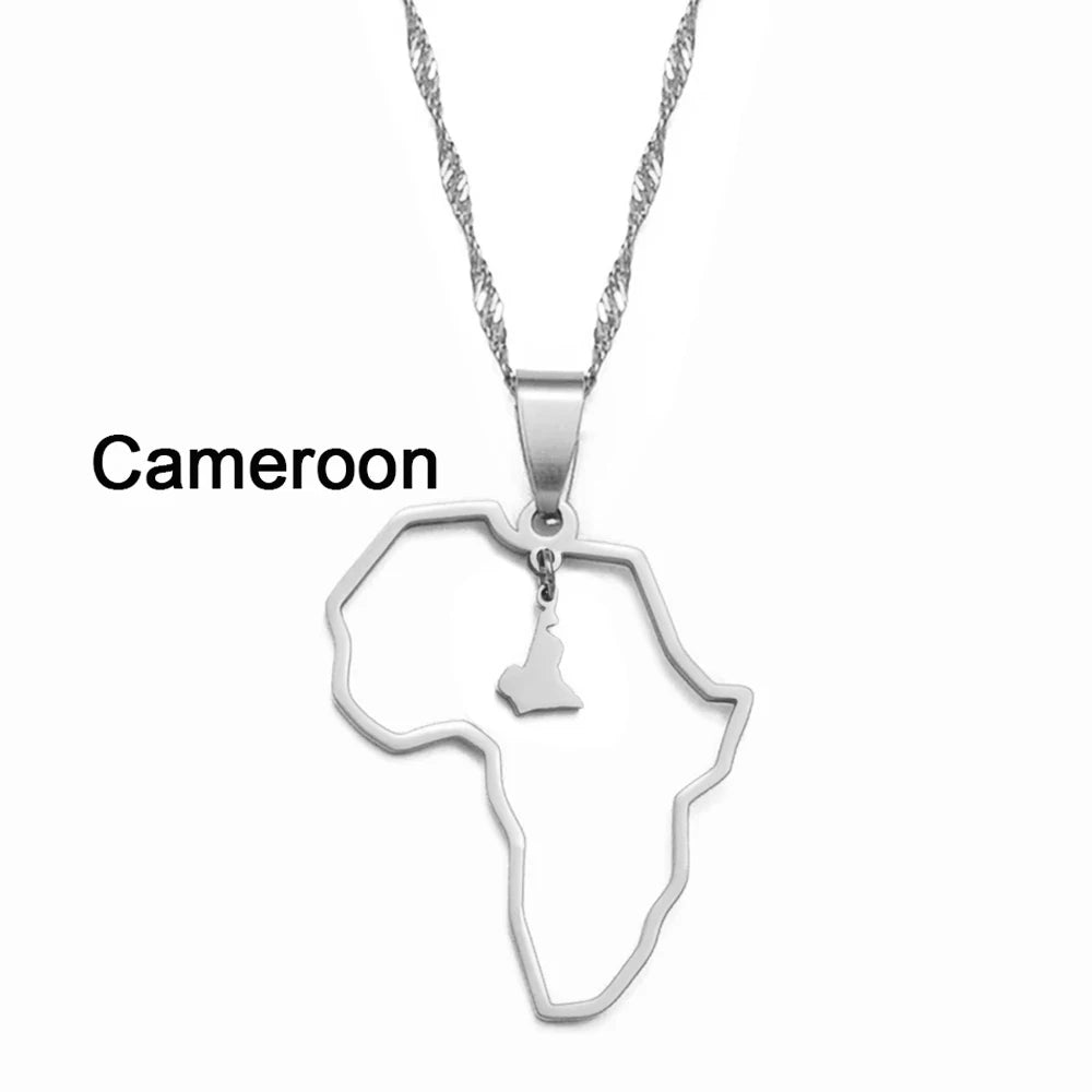 ✨🌍 Collier Chaîne en Acier Inoxydable – Pendentif Carte d’Afrique avec Pays Ghana,Nigeria,Congo,Zimbabwe,Liberia,Kenya,Angola,Jamaique,Ethiopie
