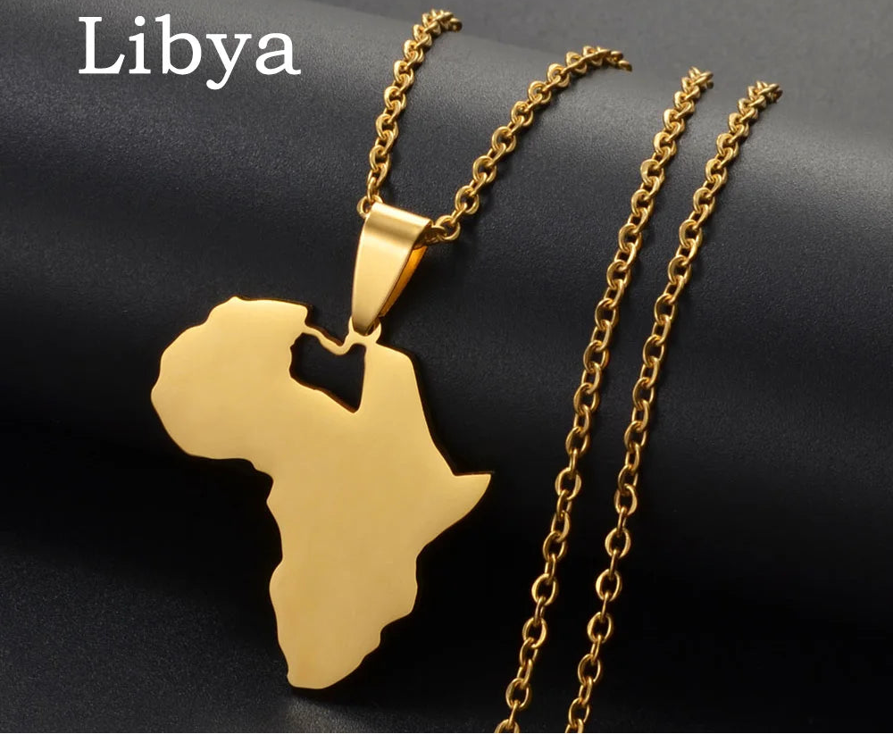 ✨🌍 Collier Chaîne en Acier Inoxydable – Pendentif Carte d’Afrique avec pays Kenya, Egypte, Libye et Zambie