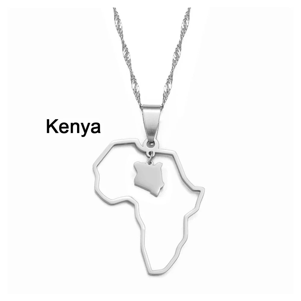✨🌍 Collier Chaîne en Acier Inoxydable – Pendentif Carte d’Afrique avec Pays Ghana,Nigeria,Congo,Zimbabwe,Liberia,Kenya,Angola,Jamaique,Ethiopie