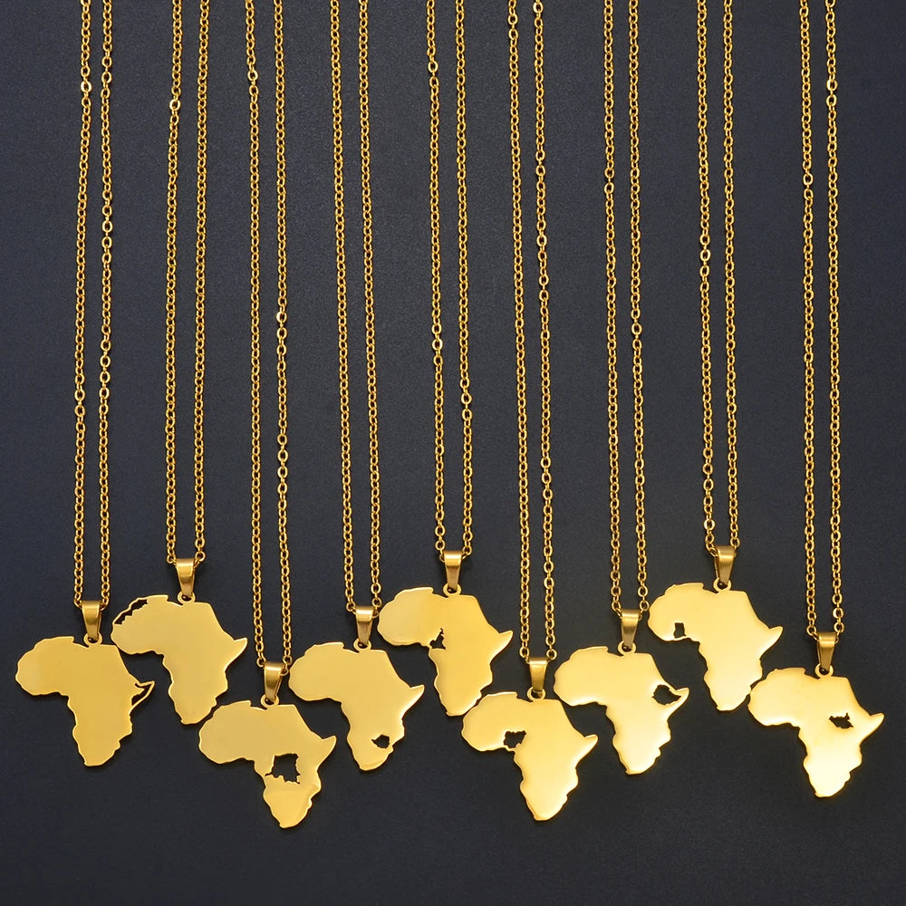 ✨🌍 Collier Chaîne en Acier Inoxydable – Pendentif Carte d’Afrique avec Pays