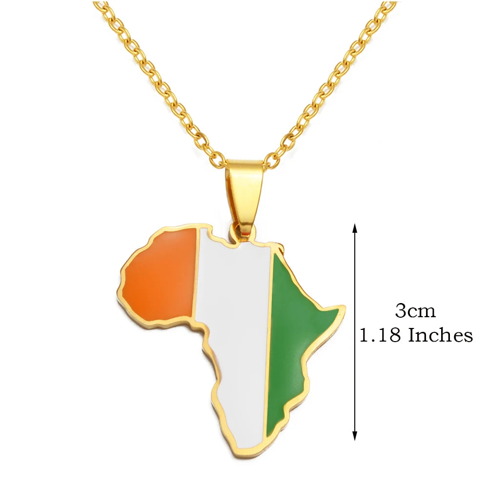 🌍 1. Collier + pendentif carte de l’Afrique au couleurs des drapeaux des pays Africains en Acier Inoxydable
