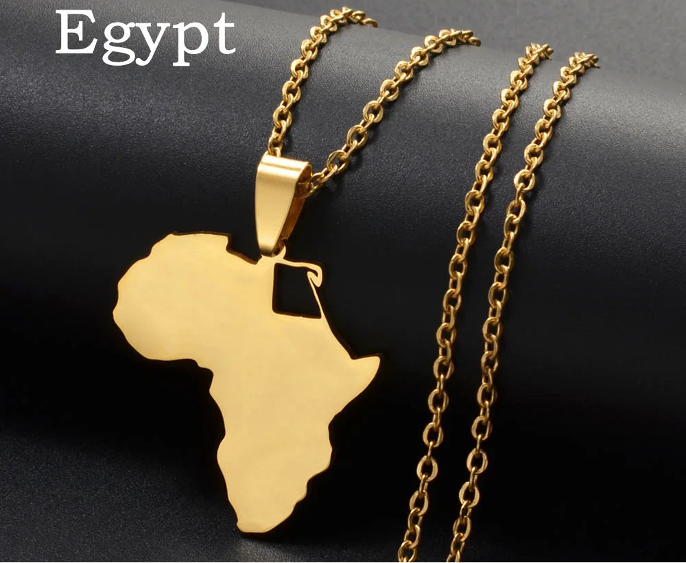 ✨🌍 Collier Chaîne en Acier Inoxydable – Pendentif Carte d’Afrique avec pays Kenya, Egypte, Libye et Zambie