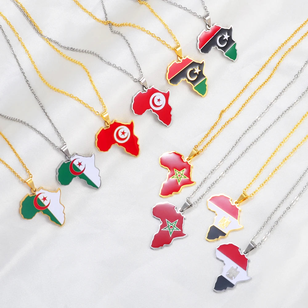 🌍 2. Collier + pendentif carte de l’Afrique au couleurs des drapeaux des pays Africains en Acier Inoxydable