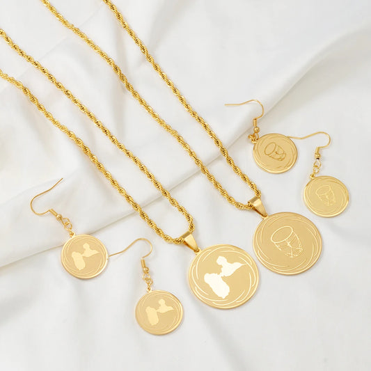 ✨ Ensemble de Parure Bijoux en Acier Inoxydable – Collier + Boucles d’Oreilles Guadeloupe & Tambour