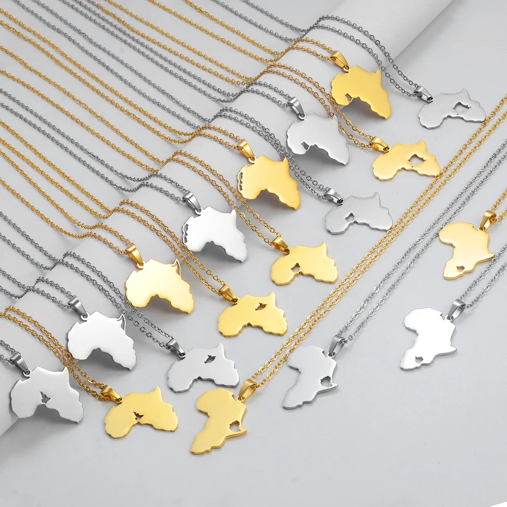 ✨🌍 Collier Chaîne en Acier Inoxydable – Pendentif Carte d’Afrique avec Pays