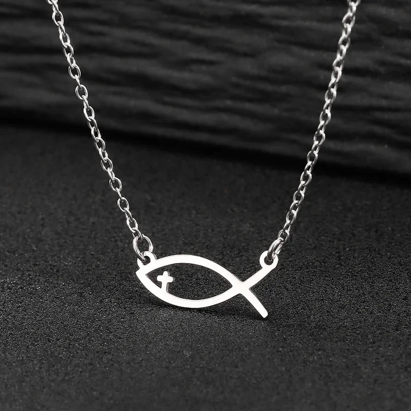 ✝️✨ Collier Chaîne + Pendentif Poisson Chrétien en Acier Inoxydable avec mini croix