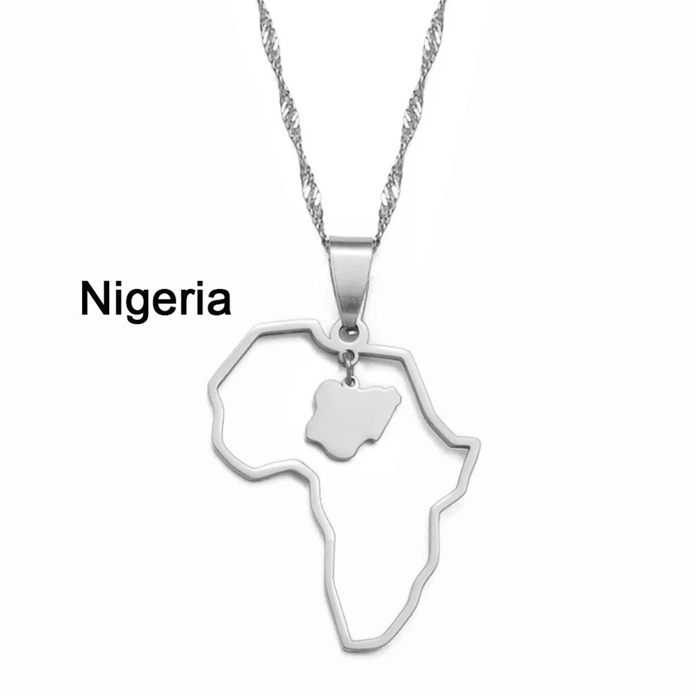 ✨🌍 Collier Chaîne en Acier Inoxydable – Pendentif Carte d’Afrique avec Pays Ghana,Nigeria,Congo,Zimbabwe,Liberia,Kenya,Angola,Jamaique,Ethiopie