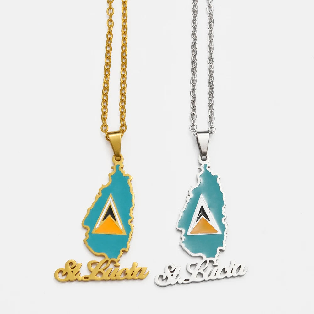 ✨ Collier + Pendentif Sainte Lucie en Acier Inox au couleurs du drapeau