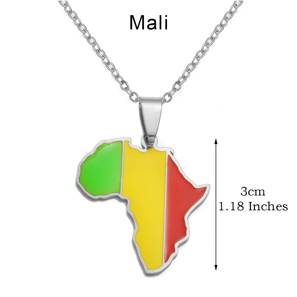 🌍 2. Collier + pendentif carte de l’Afrique au couleurs des drapeaux des pays Africains en Acier Inoxydable