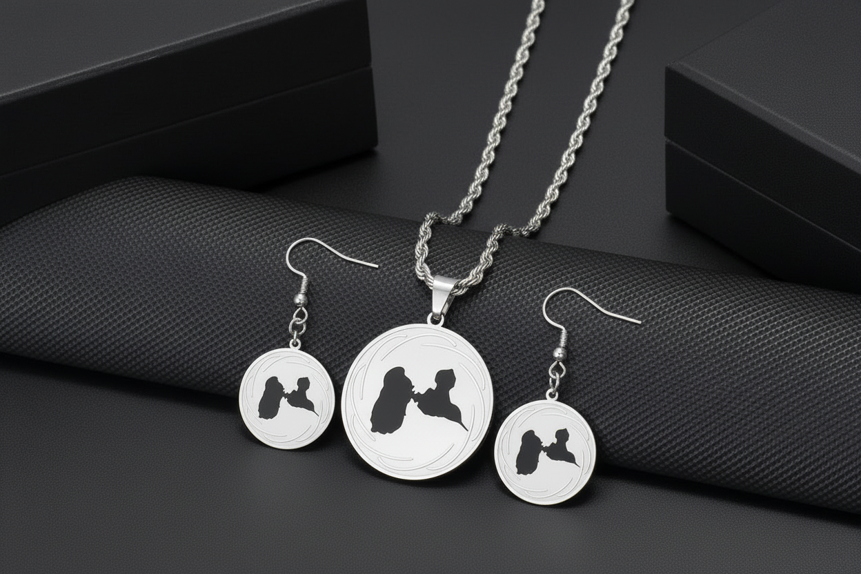 ✨ Ensemble de Parure Bijoux en Acier Inoxydable – Collier + Boucles d’Oreilles coffret « Pièce » Caraïbes