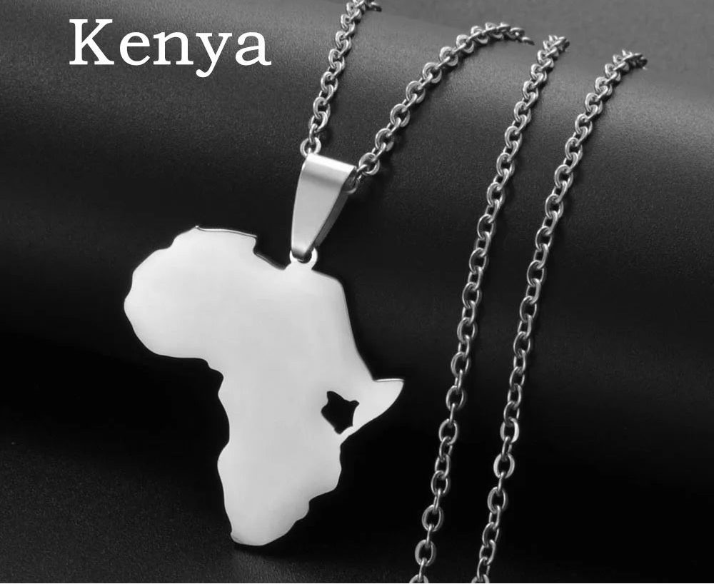 ✨🌍 Collier Chaîne en Acier Inoxydable – Pendentif Carte d’Afrique avec pays Kenya, Egypte, Libye et Zambie