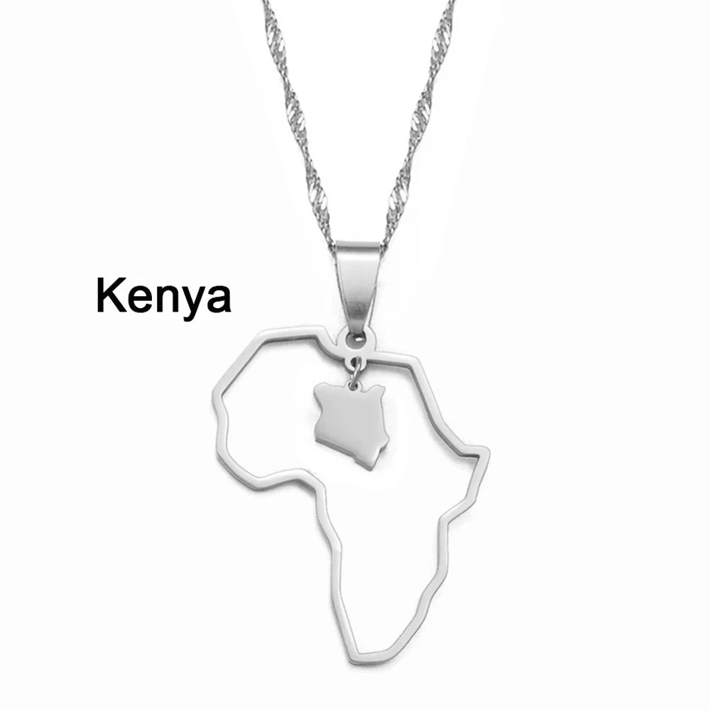 ✨🌍 Collier Chaîne en Acier Inoxydable – Pendentif Carte d’Afrique avec Pays Ghana,Nigeria,Congo,Zimbabwe,Liberia,Kenya,Angola,Jamaique,Ethiopie