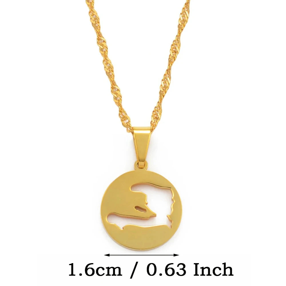 ✨🇭🇹 Collier Chaîne en Acier Inoxydable – Pendentif Rond Carte d’Haïti – 3 Tailles au Choix