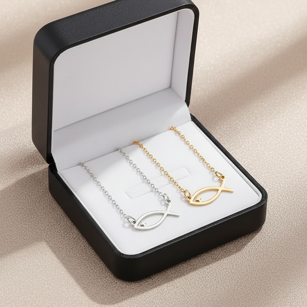 ✝️✨ Collier Chaîne + Pendentif Poisson Chrétien en Acier Inoxydable avec mini croix
