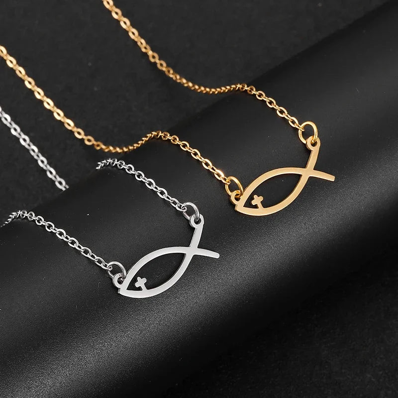 ✝️✨ Collier Chaîne + Pendentif Poisson Chrétien en Acier Inoxydable avec mini croix