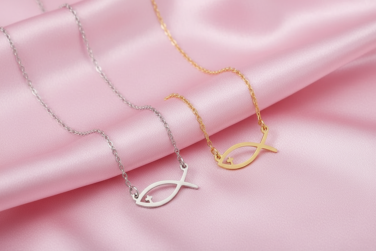 ✝️✨ Collier Chaîne + Pendentif Poisson Chrétien en Acier Inoxydable avec mini croix
