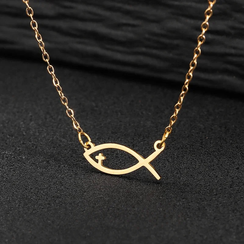 ✝️✨ Collier Chaîne + Pendentif Poisson Chrétien en Acier Inoxydable avec mini croix