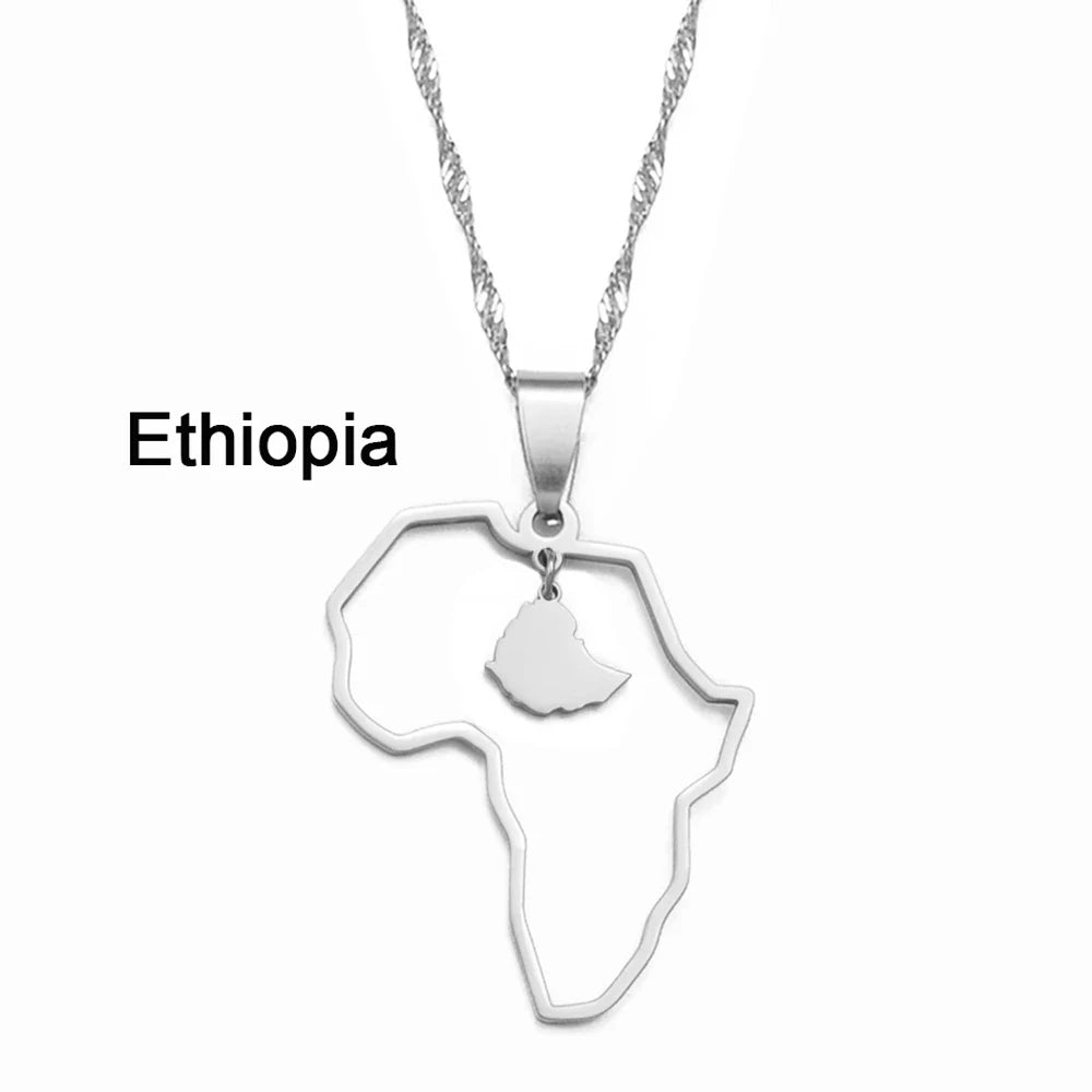 ✨🌍 Collier Chaîne en Acier Inoxydable – Pendentif Carte d’Afrique avec Pays Ghana,Nigeria,Congo,Zimbabwe,Liberia,Kenya,Angola,Jamaique,Ethiopie