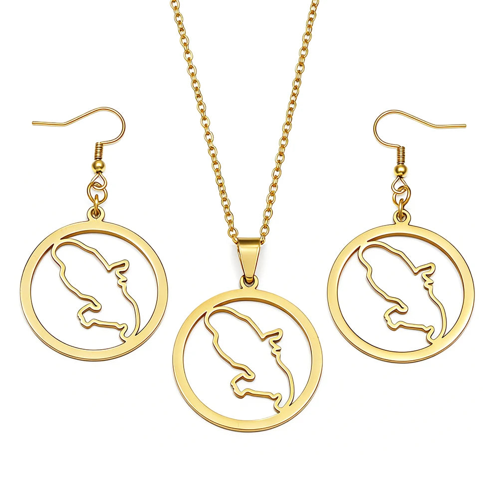 🇲🇶✨ Ensemble Collier & Boucles d’Oreilles – Carte de la Martinique & Fleurs en Acier inoxydable • Finition Or ou Argent