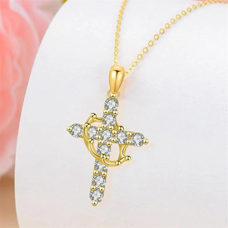 ✝️✨ Collier Chaîne Croix en Zircon – Couronne Rotative en acier inoxydable