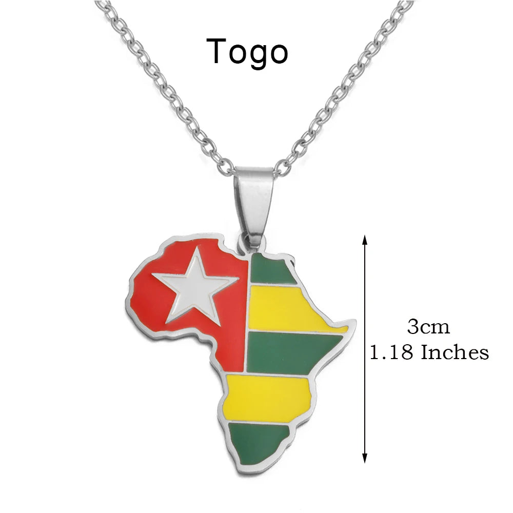 🌍 2. Collier + pendentif carte de l’Afrique au couleurs des drapeaux des pays Africains en Acier Inoxydable