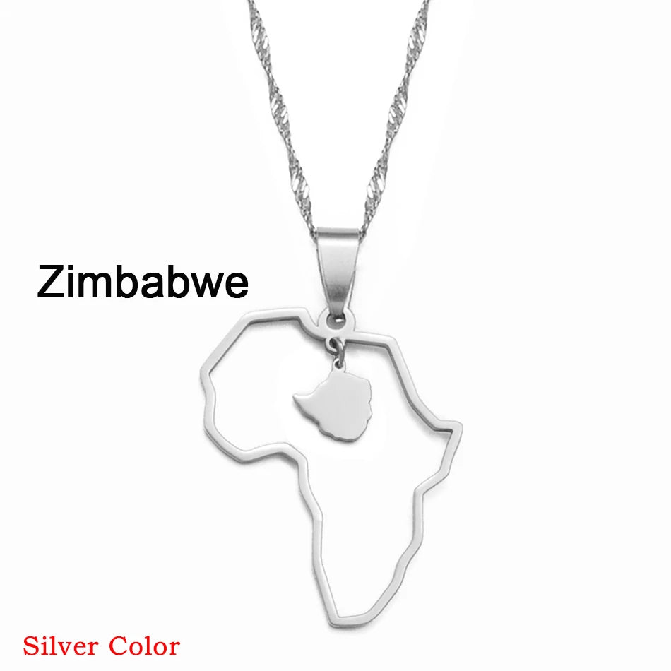 ✨🌍 Collier Chaîne en Acier Inoxydable – Pendentif Carte d’Afrique avec Pays Ghana,Nigeria,Congo,Zimbabwe,Liberia,Kenya,Angola,Jamaique,Ethiopie