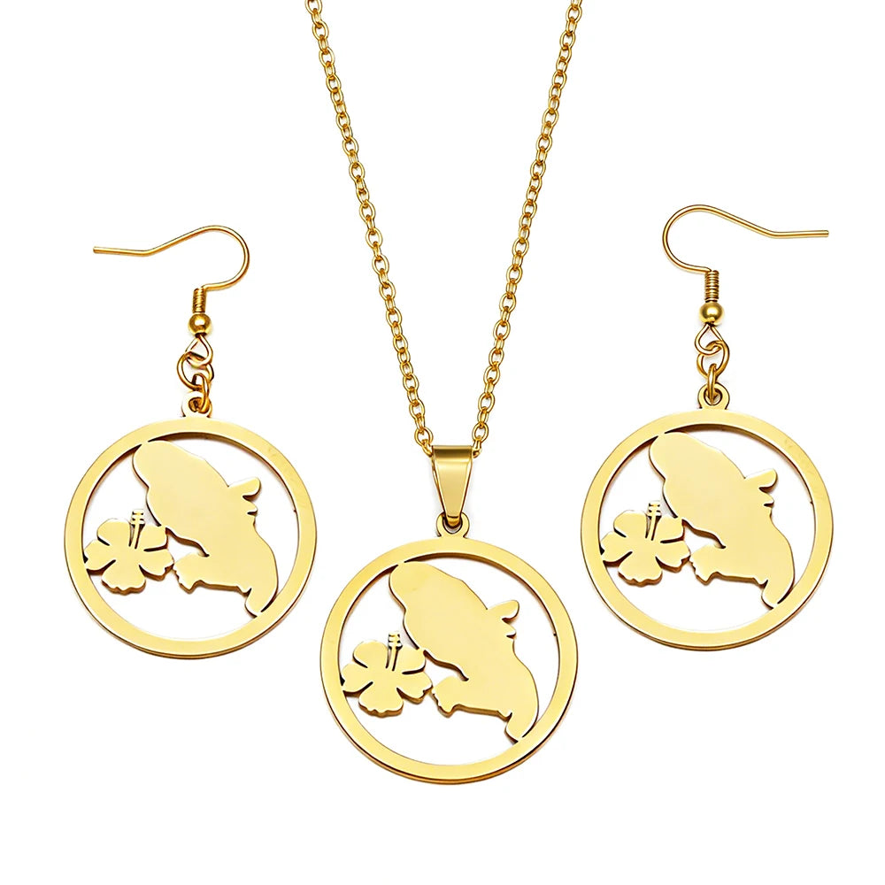 🇲🇶✨ Ensemble Collier & Boucles d’Oreilles – Carte de la Martinique & Fleurs en Acier inoxydable • Finition Or ou Argent