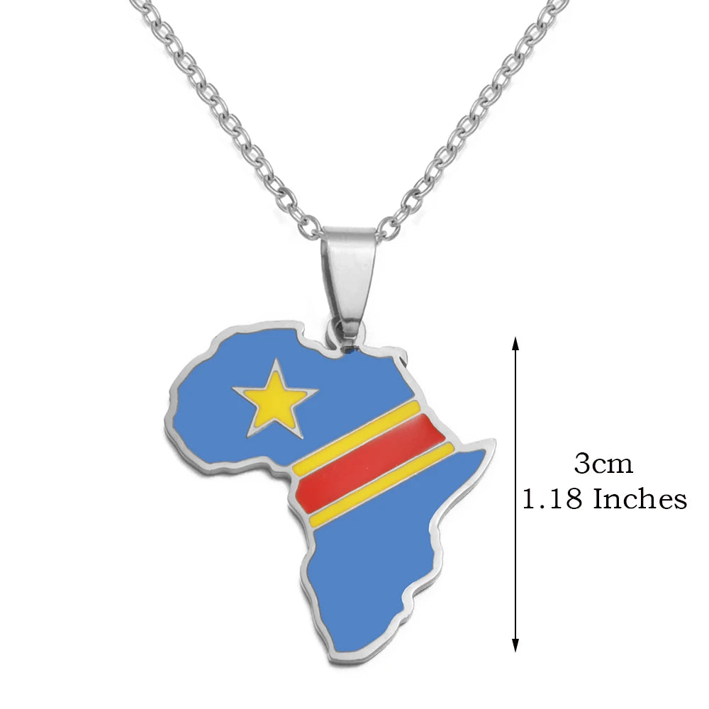 🌍 1. Collier + pendentif carte de l’Afrique au couleurs des drapeaux des pays Africains en Acier Inoxydable