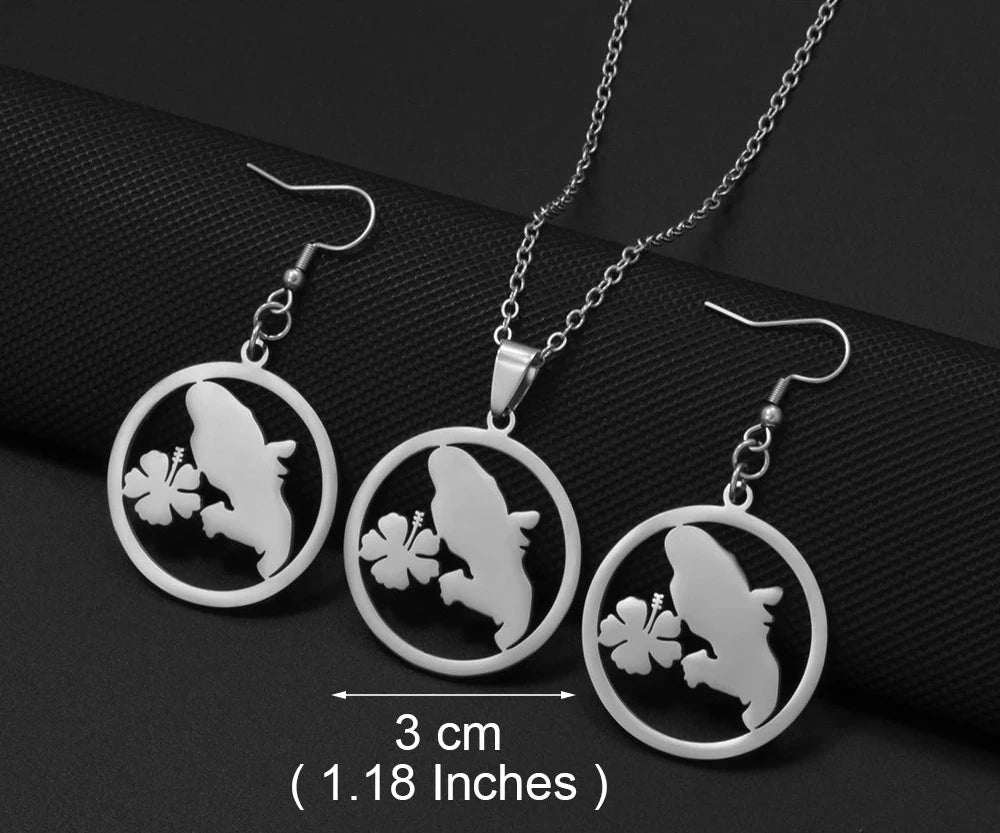 🇲🇶✨ Ensemble Collier & Boucles d’Oreilles – Carte de la Martinique & Fleurs en Acier inoxydable • Finition Or ou Argent