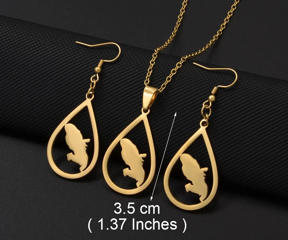 🇲🇶✨ Ensemble Collier & Boucles d’Oreilles – Carte de la Martinique & Fleurs en Acier inoxydable • Finition Or ou Argent