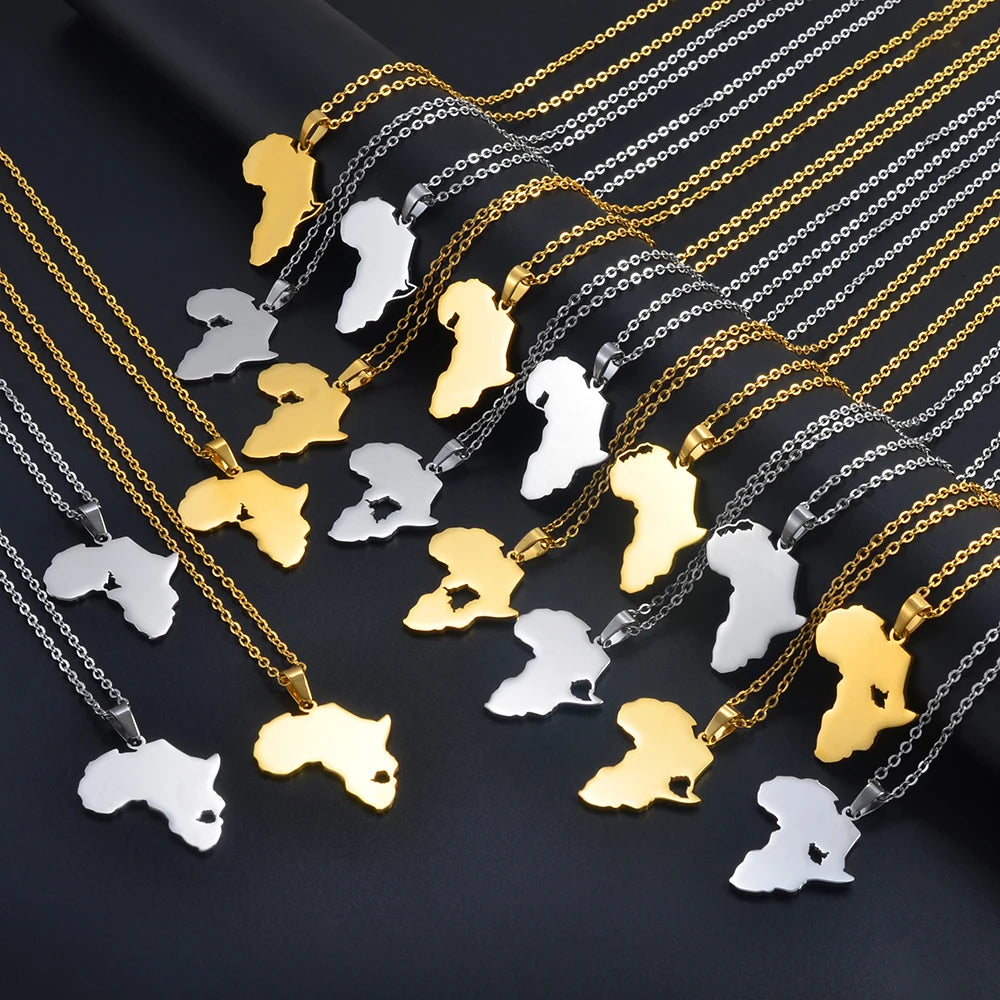 ✨🌍 Collier Chaîne en Acier Inoxydable – Pendentif Carte d’Afrique avec Pays