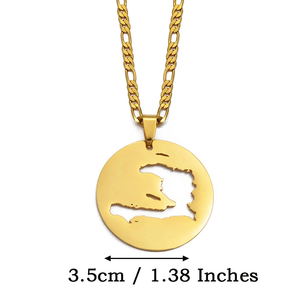 ✨🇭🇹 Collier Chaîne en Acier Inoxydable – Pendentif Rond Carte d’Haïti – 3 Tailles au Choix