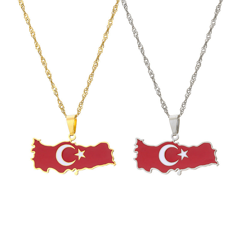 ✨🇹🇷 Collier Chaîne + Pendentif Turquie – Acier Inoxydable aux Couleurs du Drapeau