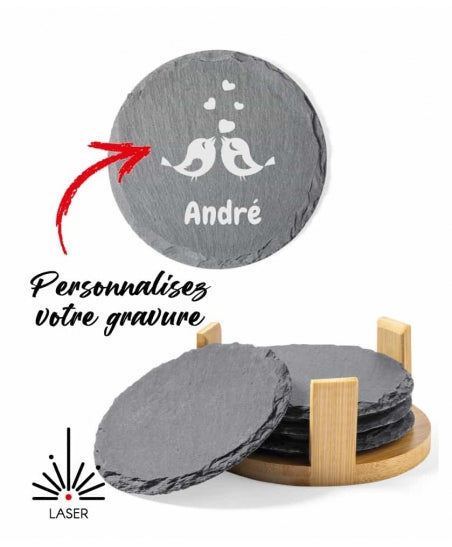 Dessous de verre en ardoise personnalisable en gravure (4 pcs)