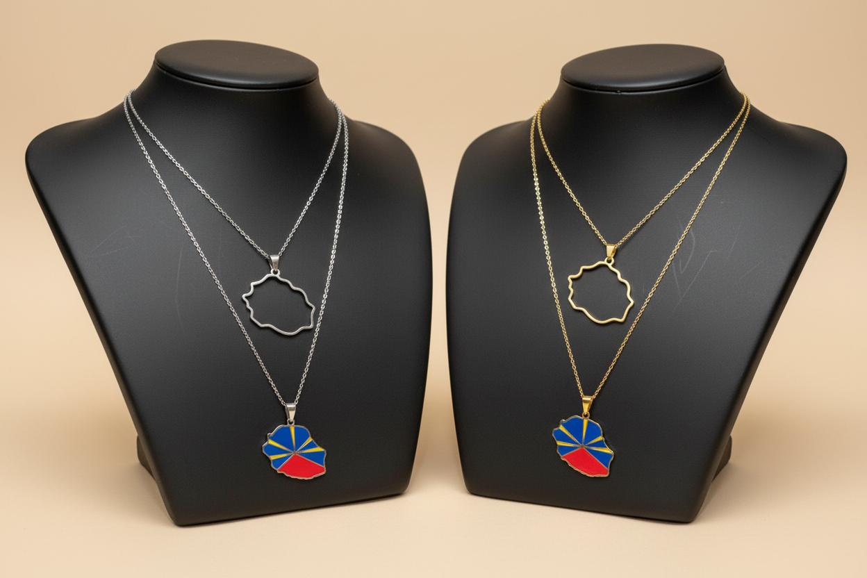 ✨ Collier Chaîne + Pendentif Pays d’Outre-Mer, Caraïbes et Afrique – Acier Inoxydable Or ou Argent (1 pcs)